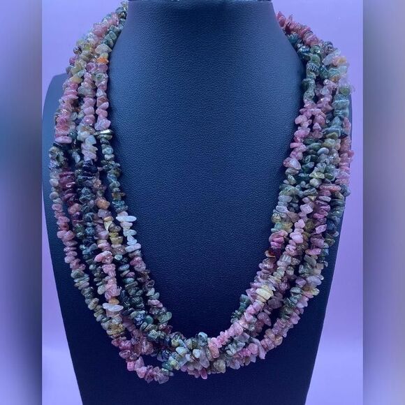 Multi-Color Tourmaline Chip Bead Necklace Multi Strand Torsade Pink Green Stone - Picture 1 of 5